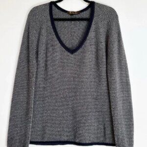 Loro Piana Navy Striped 100% Cashmere V Neck Sweater